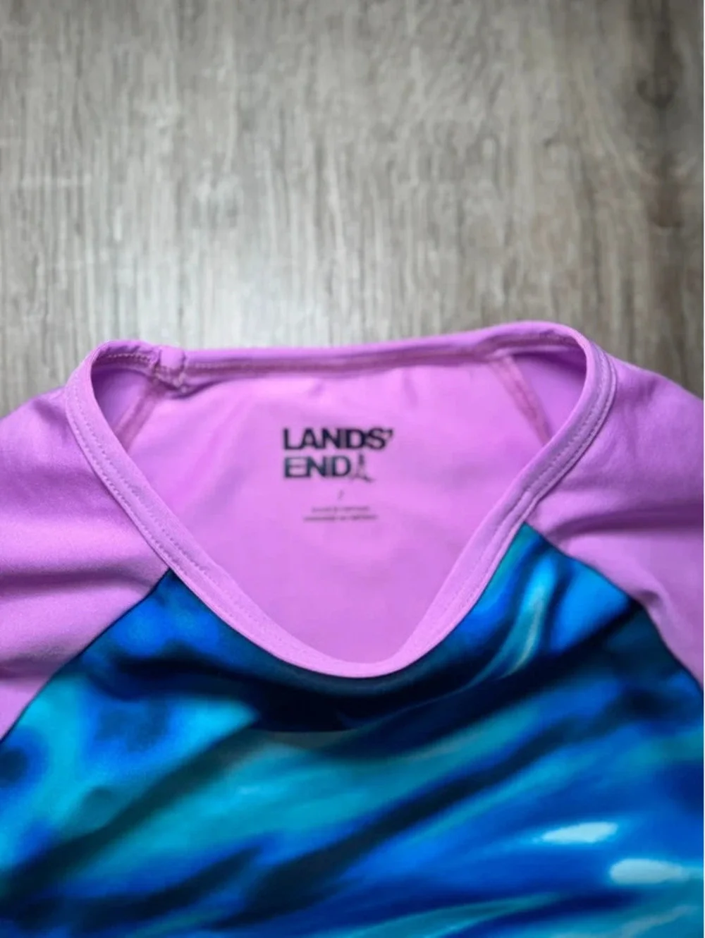 Lands' End Girl’s Three-Piece Rash Guard Swim Set - Blue and Pink, Size 7